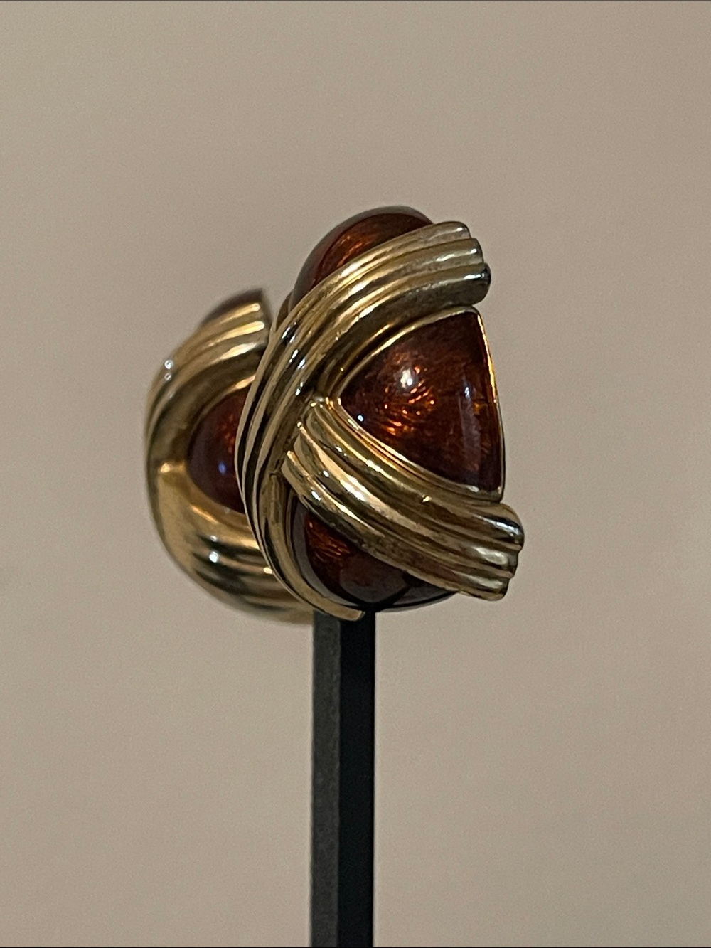 Ciner Bronze-Brown Enamel & Gold “X” Runway Statement Clip On Earrings - Picture 9 of 9
